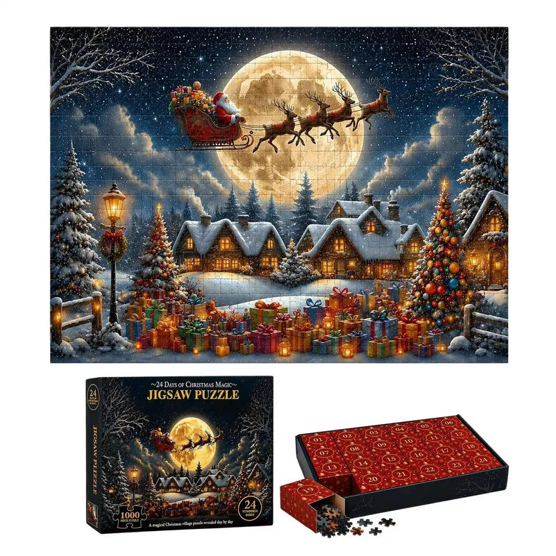 Advent Calendar | 1008 Piece Jigsaw Puzzle | 24 Daily Boxes | Santa Snow Village Scene