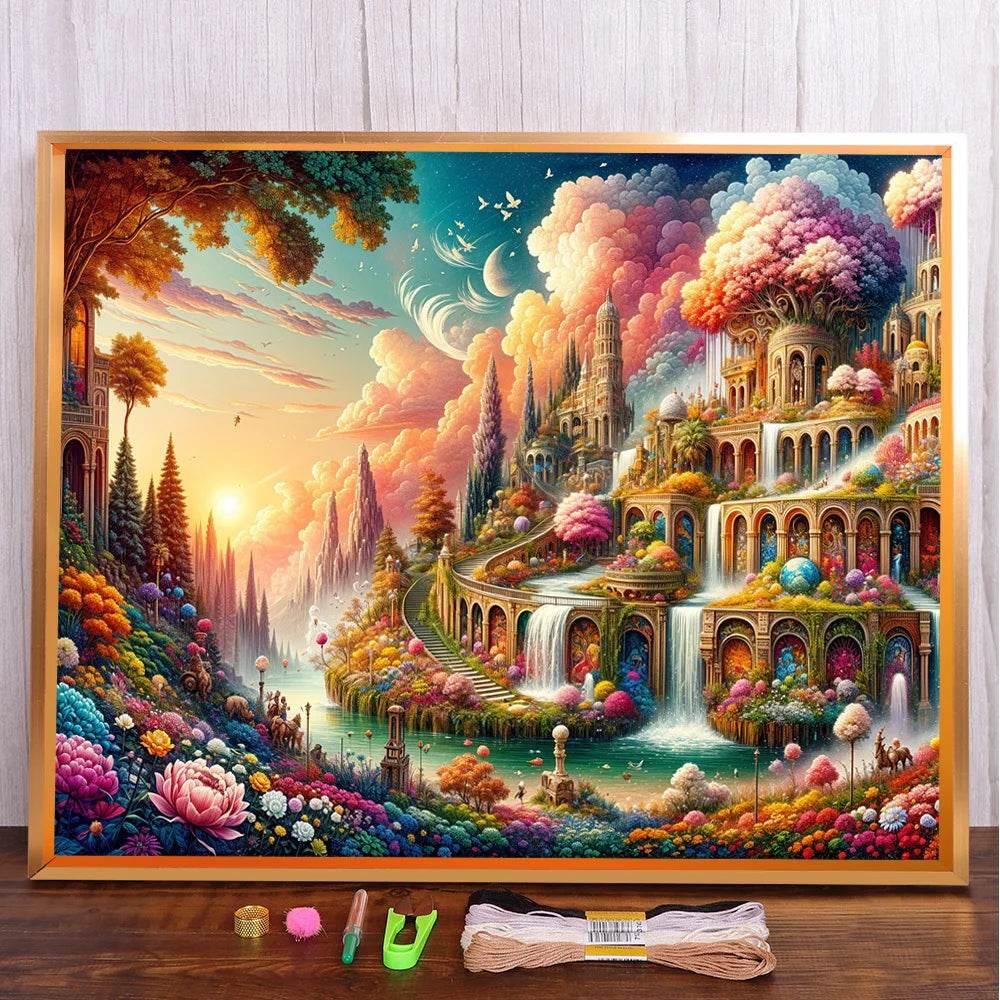 Scenic Castle Design 11CT Cross Stitch Full Kit - DIY Embroidery Craft with Printed Fabric and Mulina Threads - ToylandEU