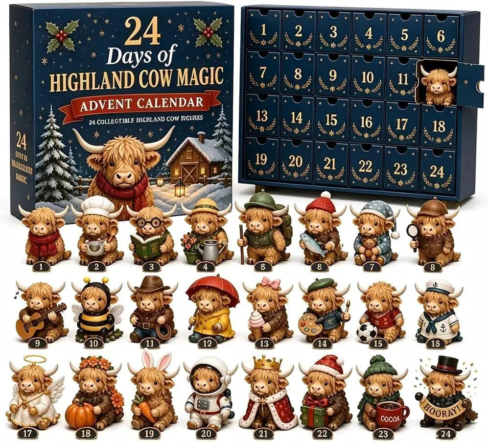 Advent Calendar | 24 Day Highland Cow Collectibles | Cloth Calendar With Figurines | Holiday Countdown Decor