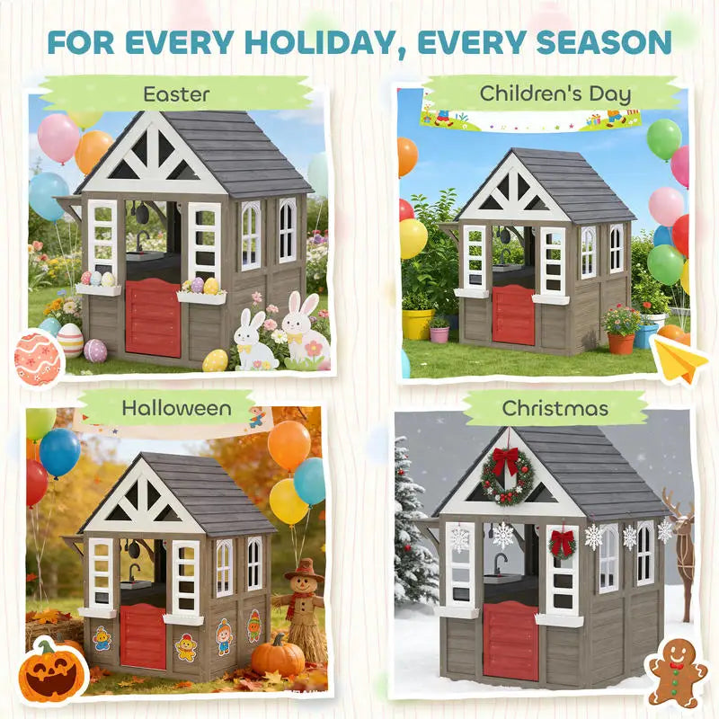 Wooden Outdoor Playhouse For Kids With Stove Set Backyard Fun