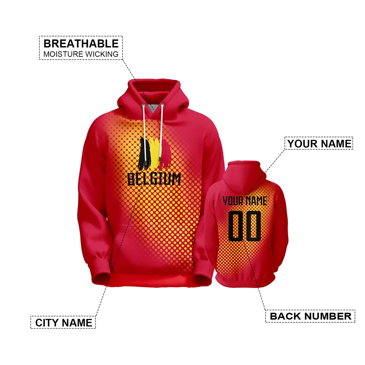 Personalized Red Belgium Soccer Hoodie for All Ages - Custom Name & Number Football Sweatshirt - Ideal Gift for Fans