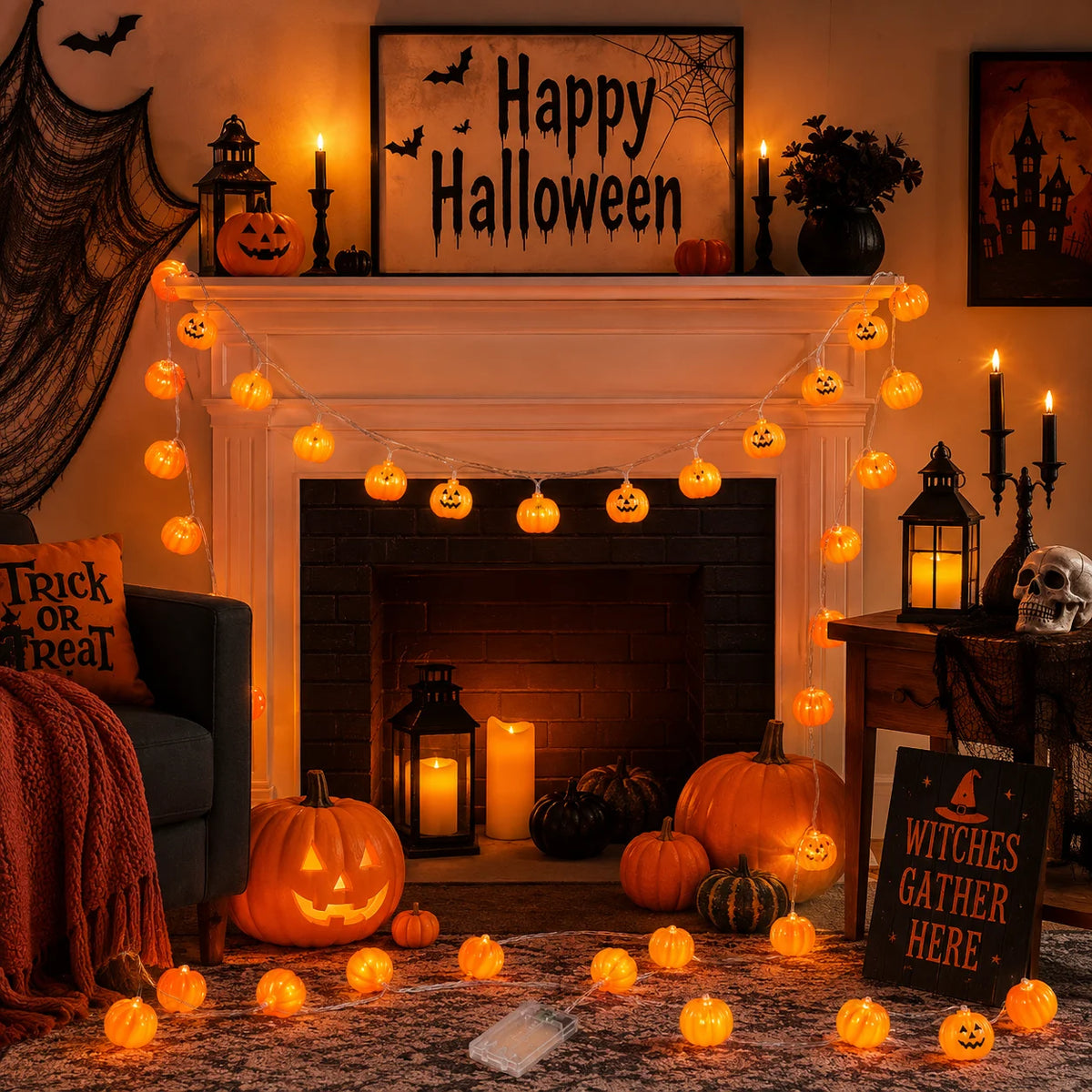 Halloween String Lights | 20 LED Warm White | Battery Operated | Pumpkin Ghost