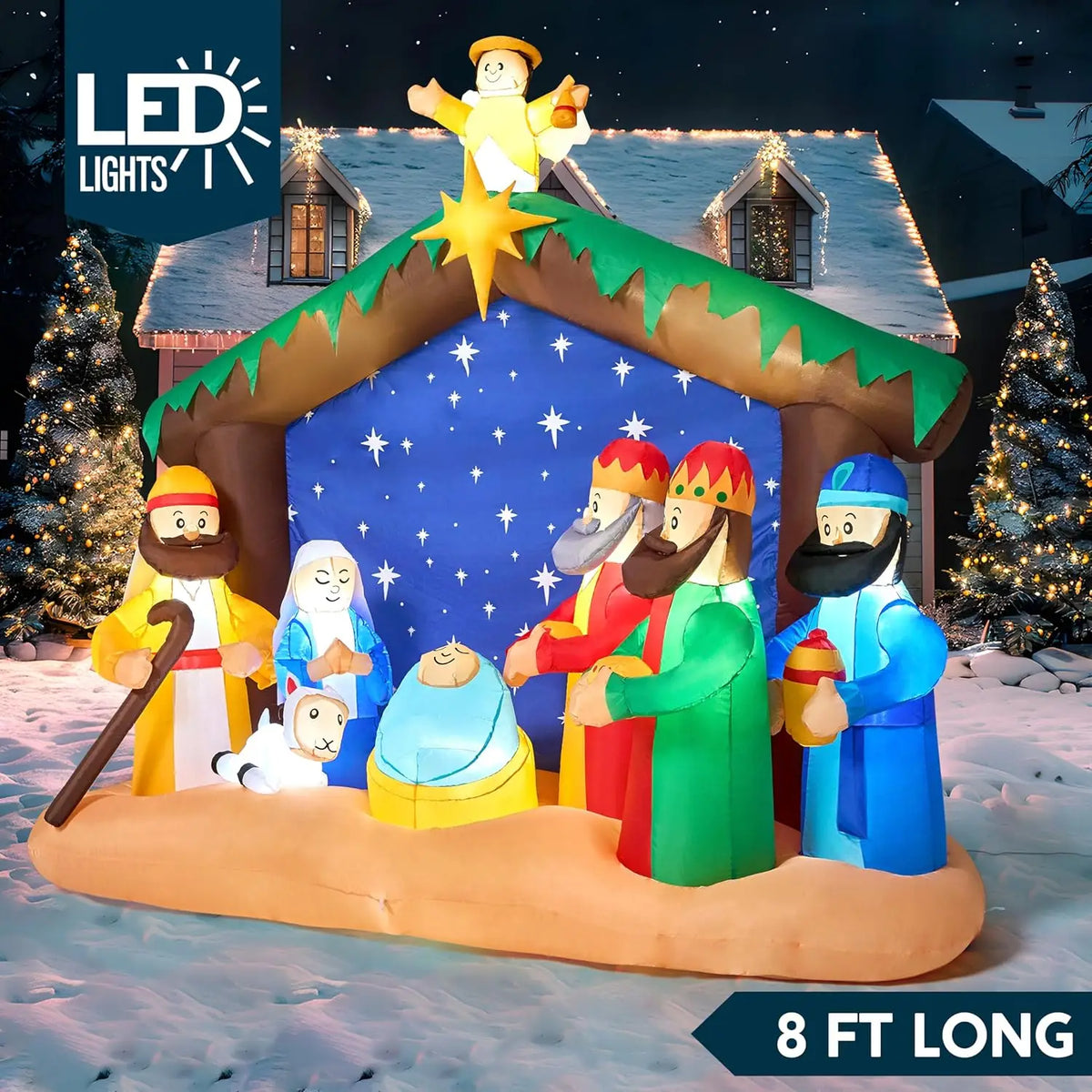 Christmas Nativity Inflatable | 8 Ft Length | Built In Led Lights | Yard Decor