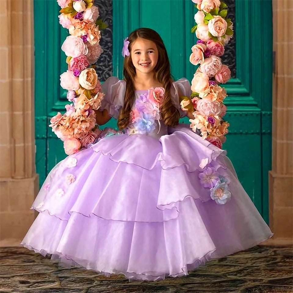 Enchanted Puff Sleeve Tutu Dress for Girls - Backless Halloween Cosplay Costume with Floral Design