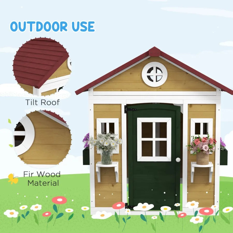 Wooden Outdoor Playhouse For Kids With Doors And Windows Planter