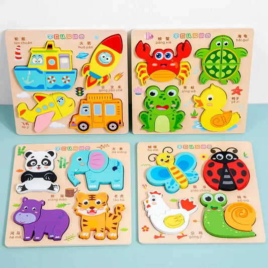 Cartoon Wooden Toys 3D Puzzles for Kids Early Learning Educational Toys Animals Cognitive Jigsaw Puzzle for Baby Children Gift - ToylandEU