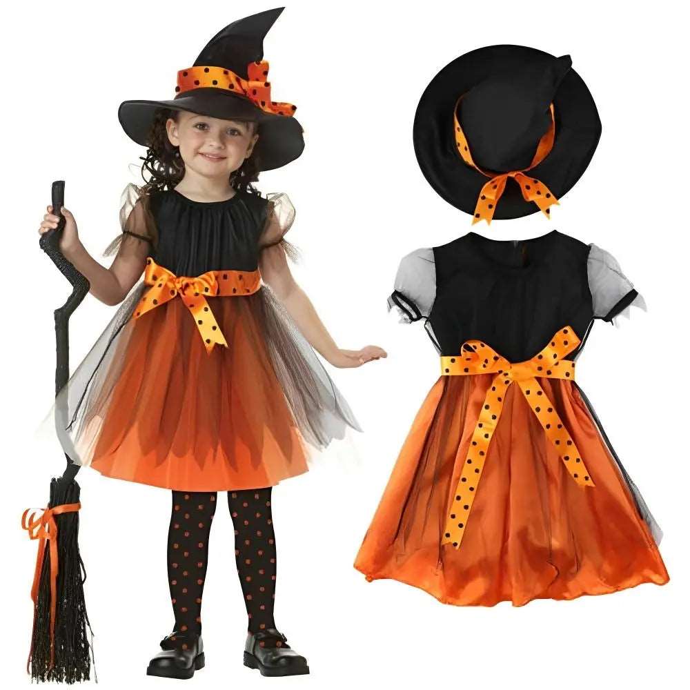 Enchanting Baby Girl Witch Costume Set for Halloween Parties - Black & Orange Dress with Hat