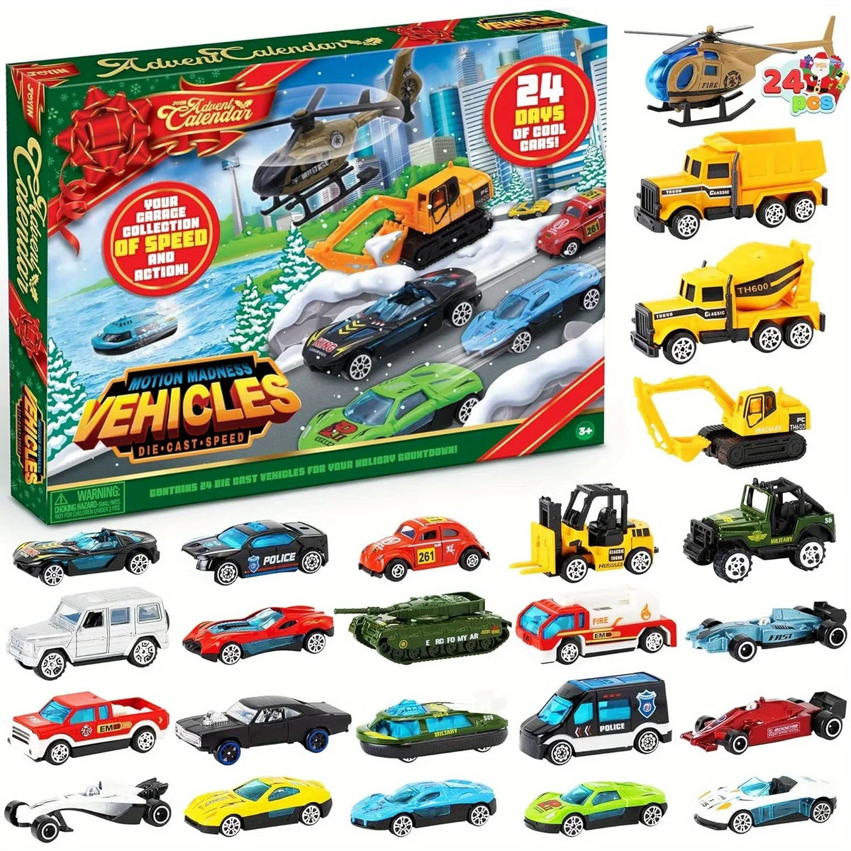 Advent Calendar | 2026 24 Die Cast Vehicles | Toy Cars Set For Boys And Kids | Classroom Prizes Party Favor