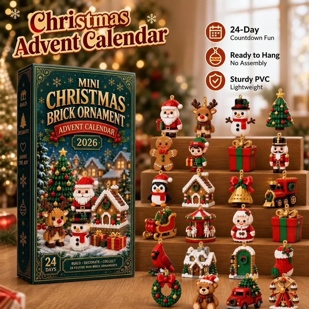 Advent Calendar | 2026 Mini Brick Ornaments | 24 Day 3D Building Block Style | 3.5 cm PVC Tree Decor