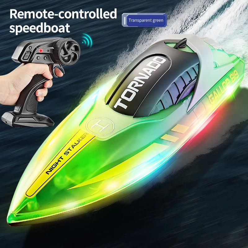 RC High-Speed RC Speedboat with LED Lights - Rechargeable, Waterproof Fun for Kids - 2-Hour Endurance Outdoor Toy