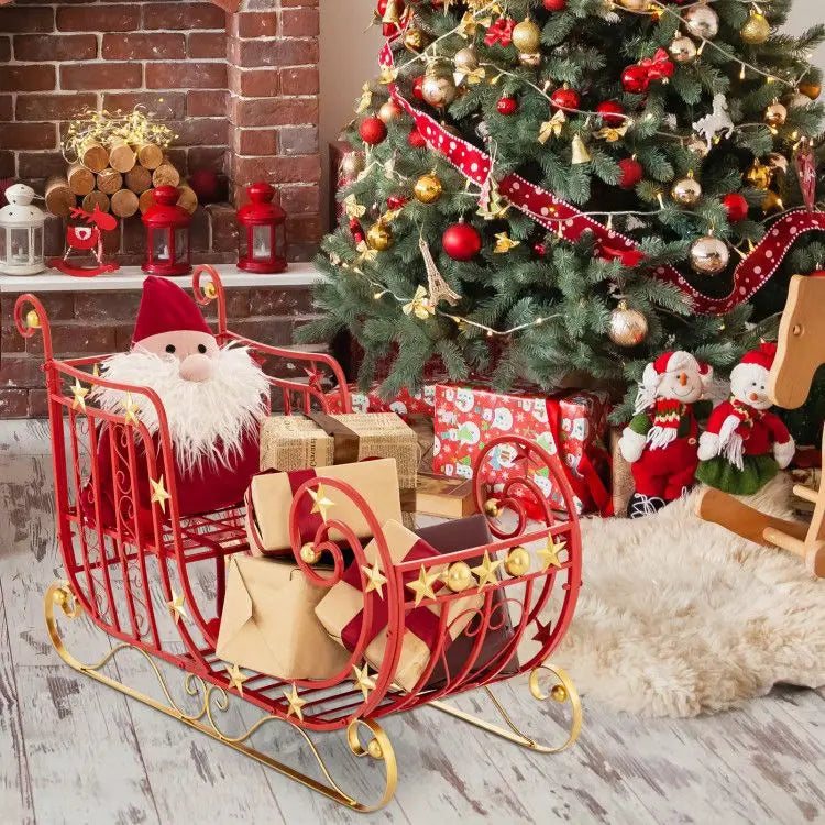 Metal Santa Sleigh | Red Gold Finish | Outdoor Holiday Decor | 39 Inch