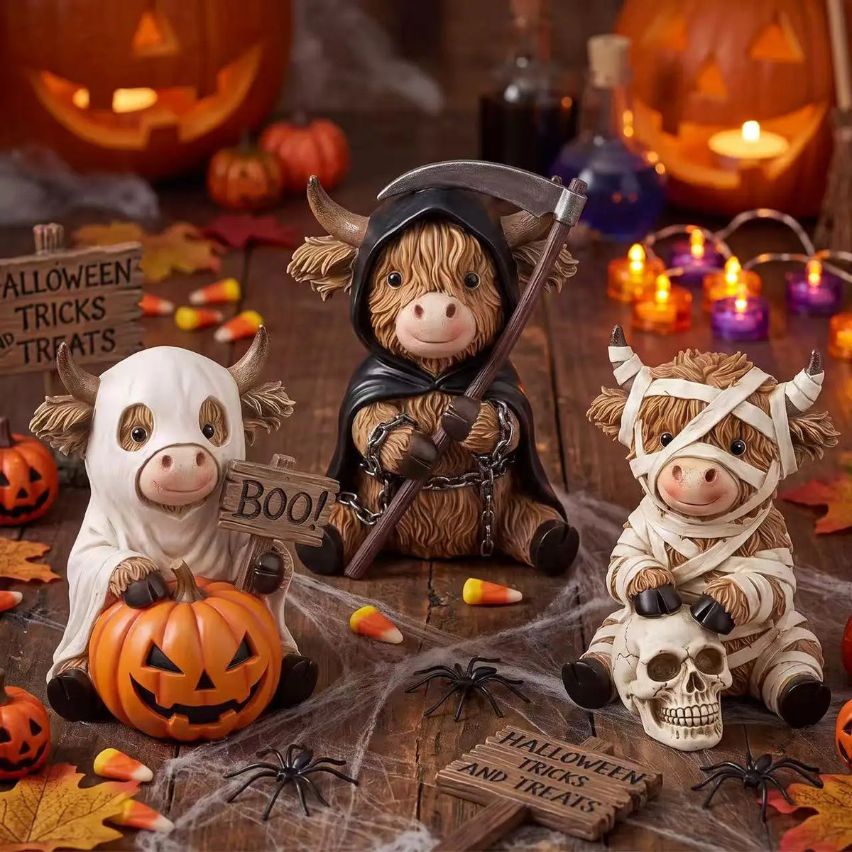 Halloween Highland Cow Statue | Solid Wood | Ghost Mummy Design | Shelf Decor