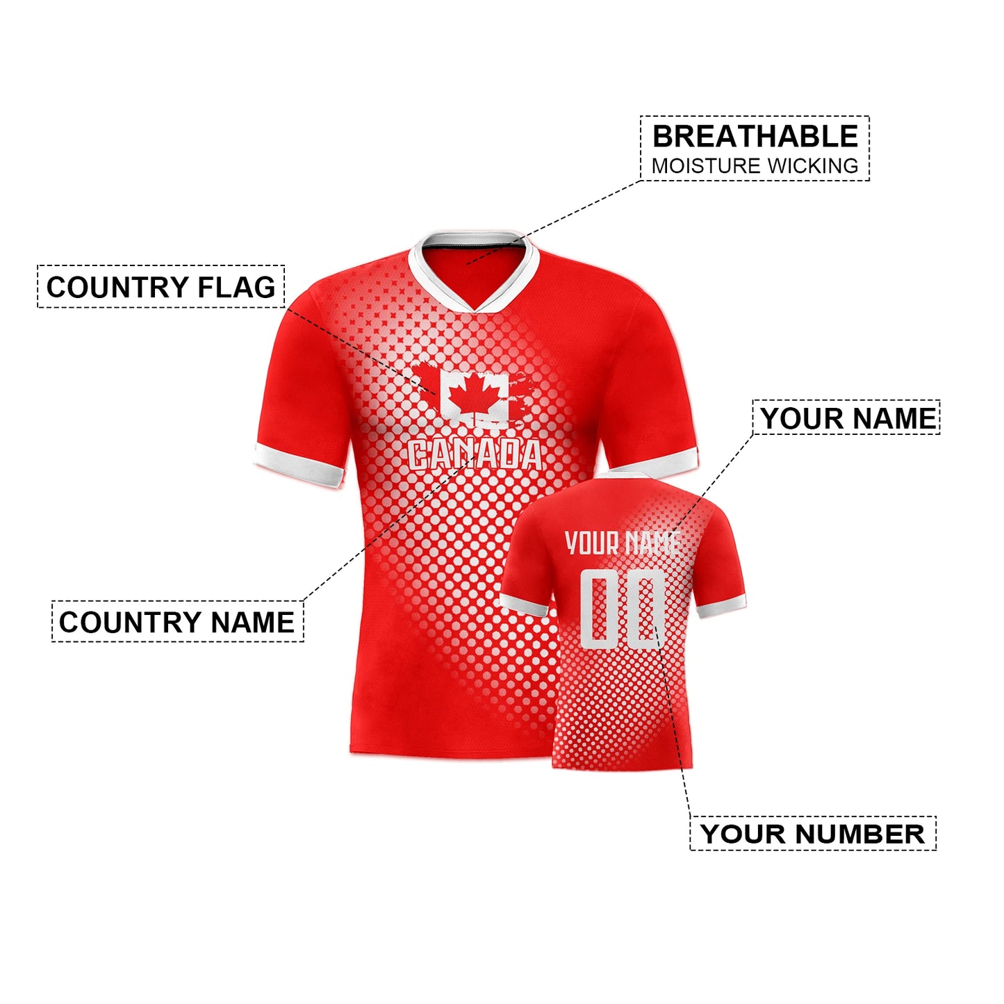 Personalized Canada Soccer Jersey - Customizable Name & Number, Breathable Team Uniform for Men, Women, and Youth Fans