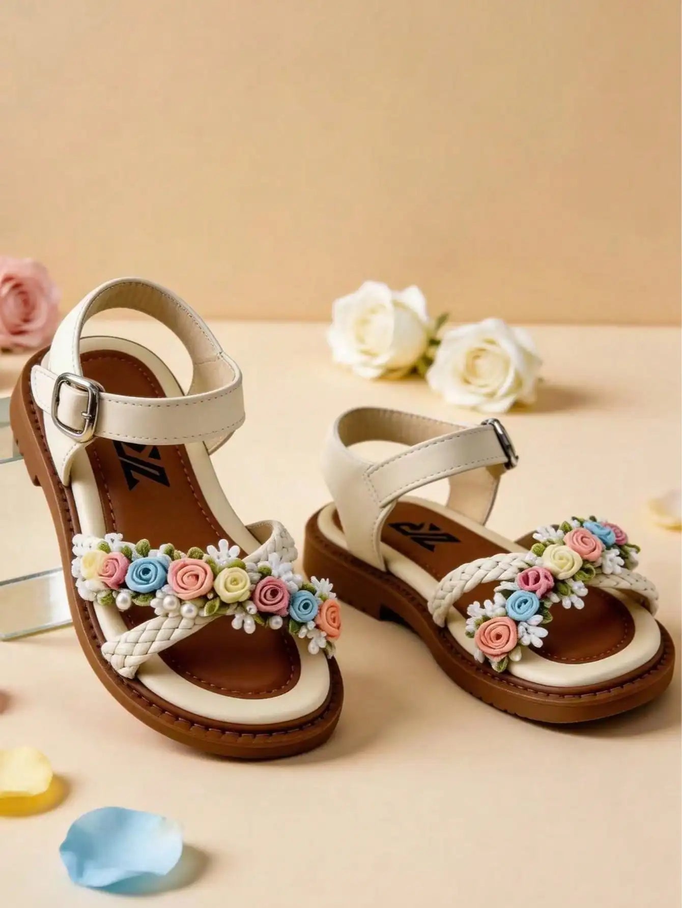 Girls Floral Sandals | Braided Princess Style | Pearl Decor Pink/Blue | Ages 7-13