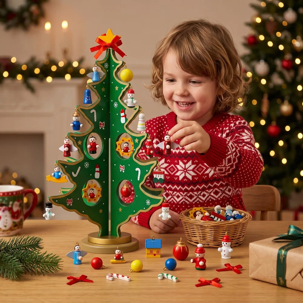Advent Calendar | 24 Day Tabletop Wooden Christmas Tree | 28 Ornaments Snowman And Santa | Kids Party Favors Gift