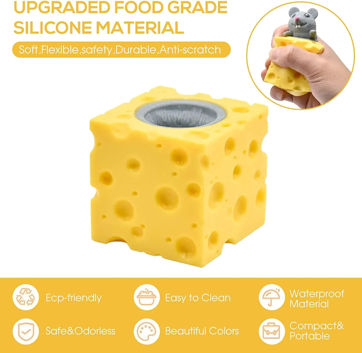 Squeezable Mouse Toy | Cheese Shape | Stress Relief Grip | Great For Kids