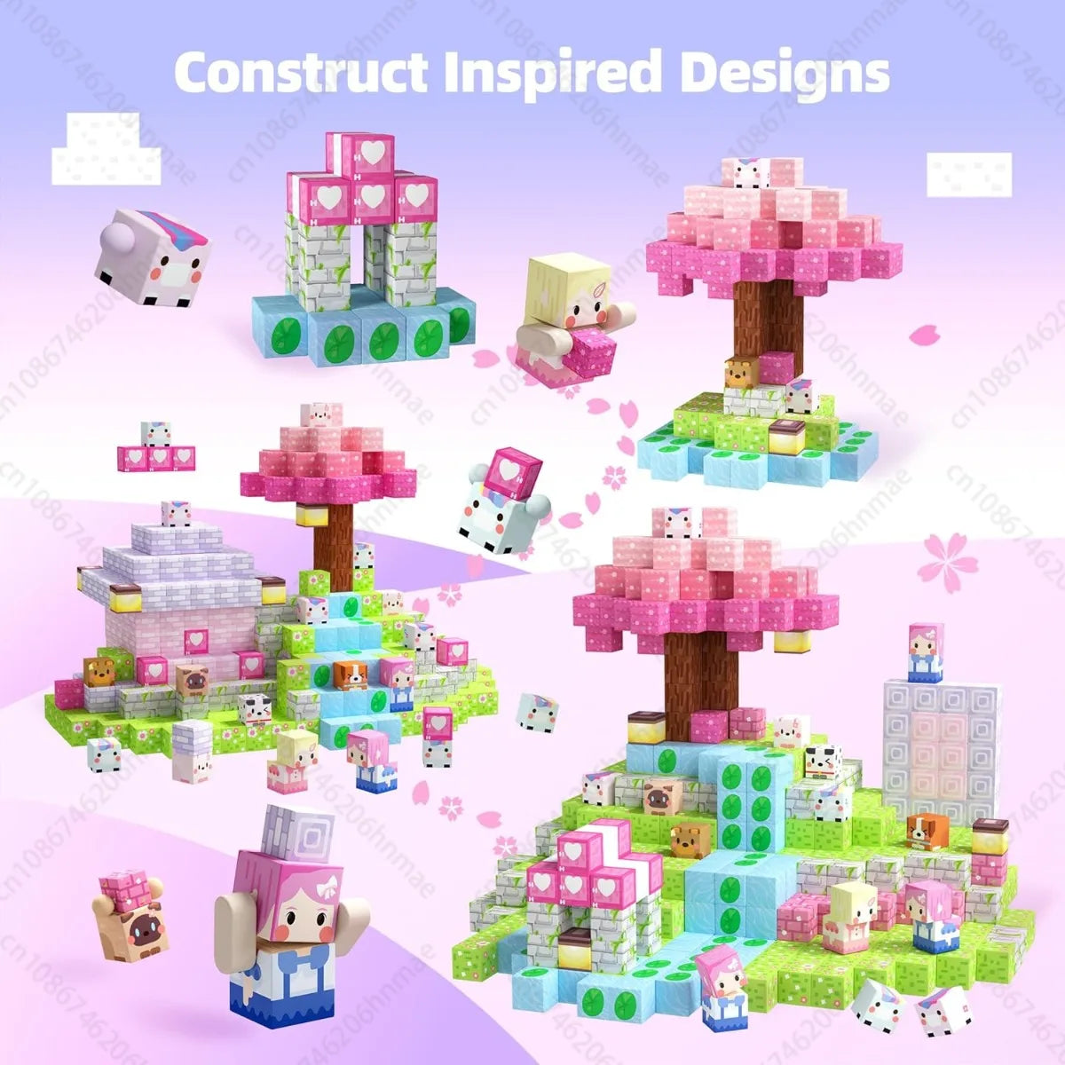 Magnetic Building Blocks | Pink Blossom Castle Theme | 20mm Cubes | Ages 3 Up