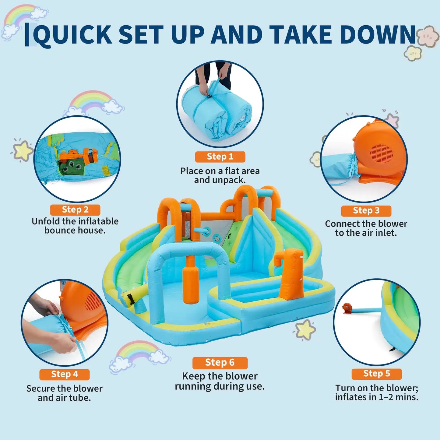 15.9FT Kids Inflatable Bounce House With Slide, 10-in-1 Water Bounce Castle, 550W Blower, Indoor Outdoor Jump House For Backyard - ToylandEU