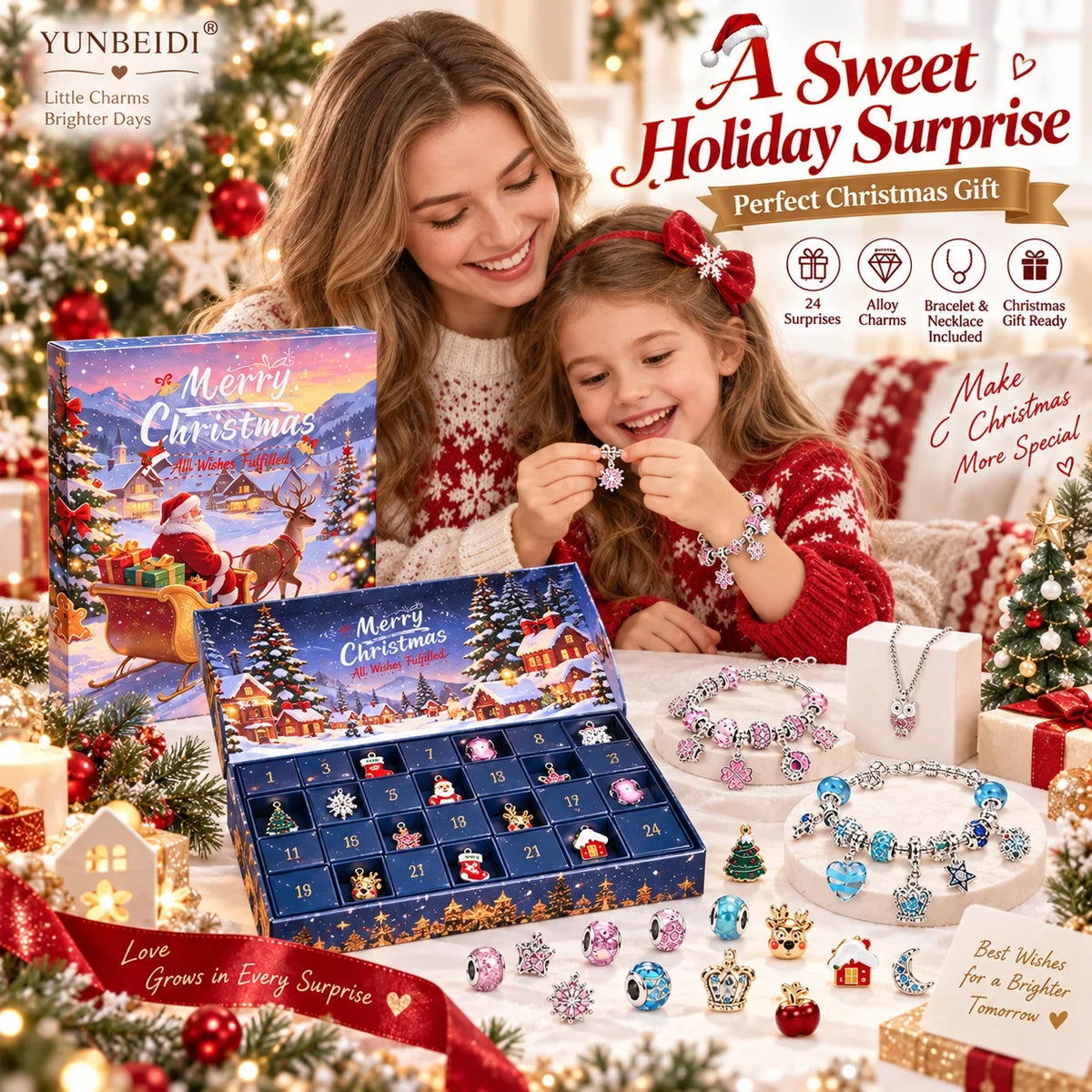 Advent Calendar | 24 Day Charm Bracelet Set | Alloy Metal Pendants And Beads | Christmas Jewelry Gift