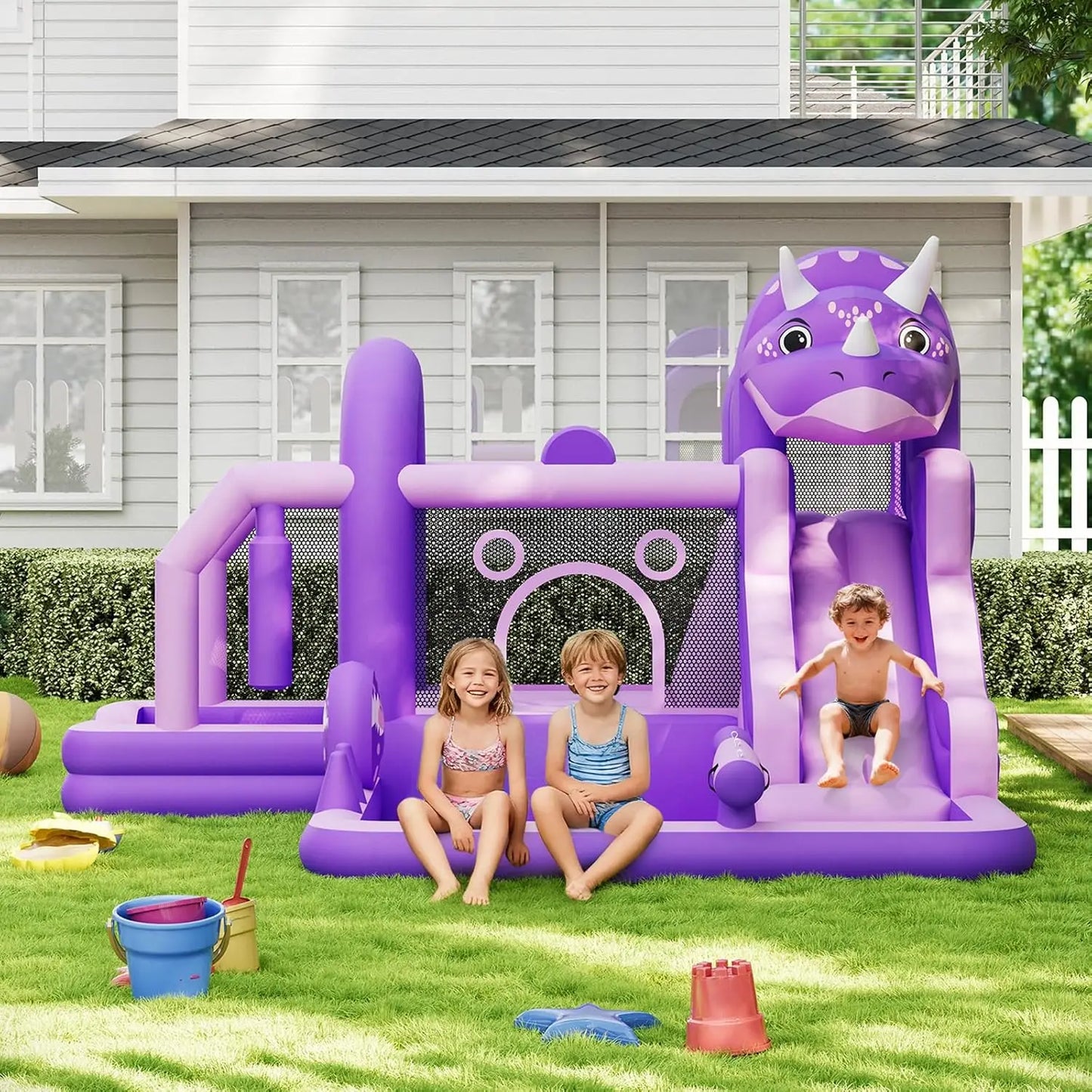 Dinosaur Themed Inflatable Bounce House With Water Slide Quick Setup