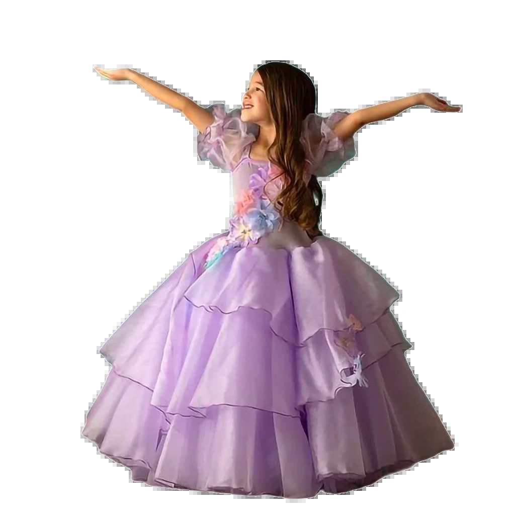 Enchanted Puff Sleeve Tutu Dress for Girls - Backless Halloween Cosplay Costume with Floral Design