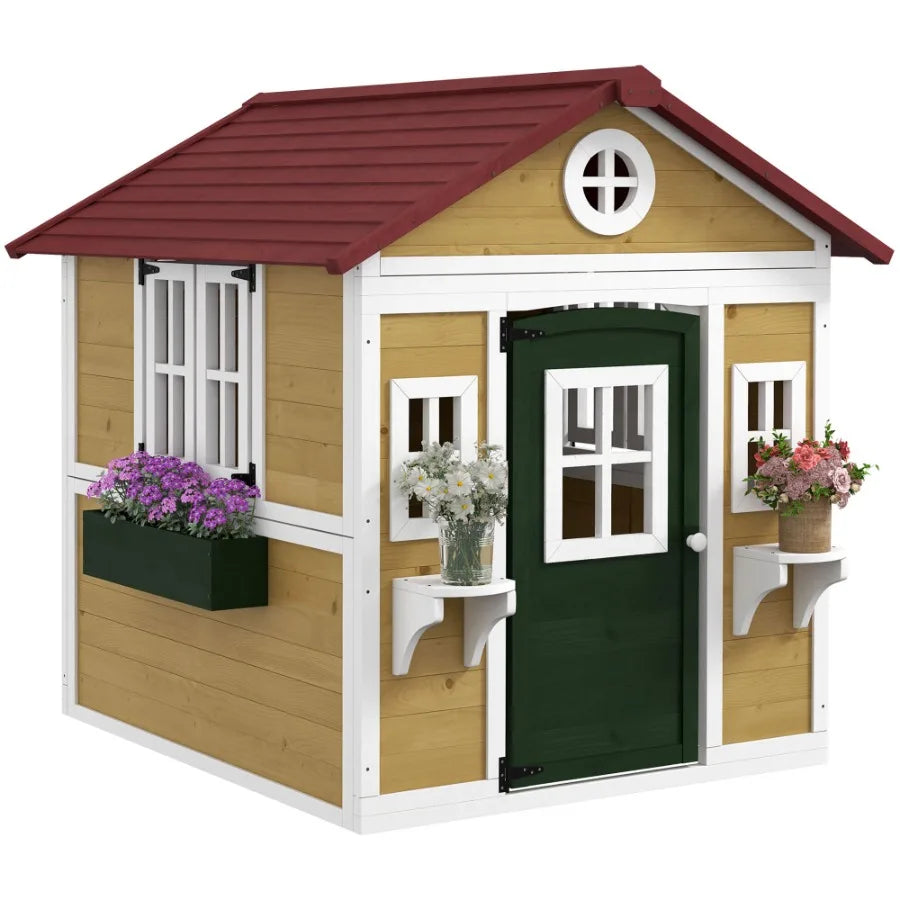 Wooden Outdoor Playhouse For Kids With Doors And Windows Planter