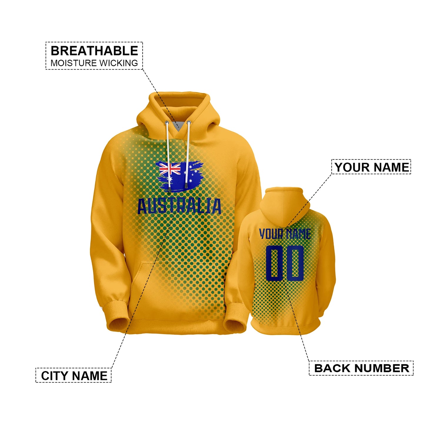 Personalized Australia Soccer Hoodie - Custom Name & Number Sweatshirt for Fans of All Ages