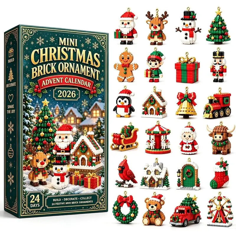 Advent Calendar | 24 Day Mini Brick Ornaments | Buildable Holiday Designs | DIY Building Block Gift Box
