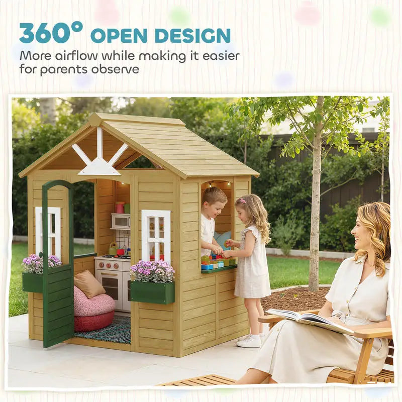 Wooden Outdoor Playhouse for Kids Safe Fir Wood Construction