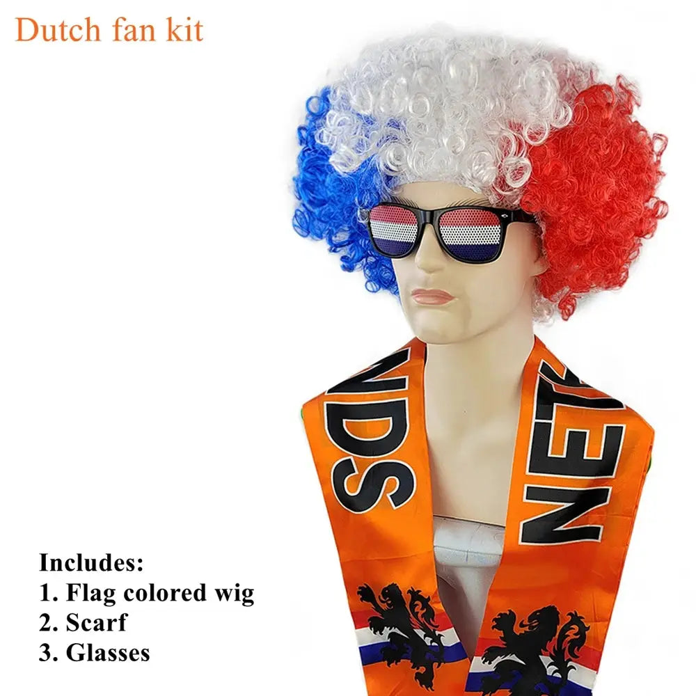Soccer Match National Flag Color Explosion Hair Wig Fan Hairpiece with Scarf and Glasses Set European National Team Costume - ToylandEU