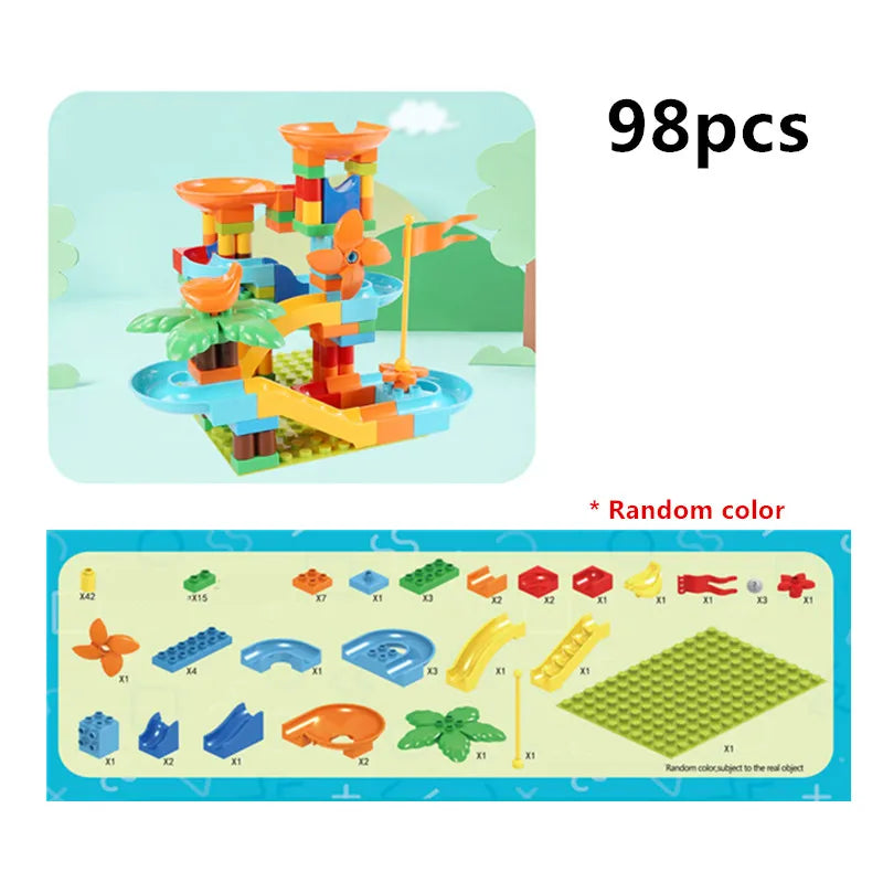 Maze Ball Path Building Blocks Set - 98 Piece Marble Race Educational Toy with Slow Slide Ladder and Funnel Track - Unisex Construction Kit