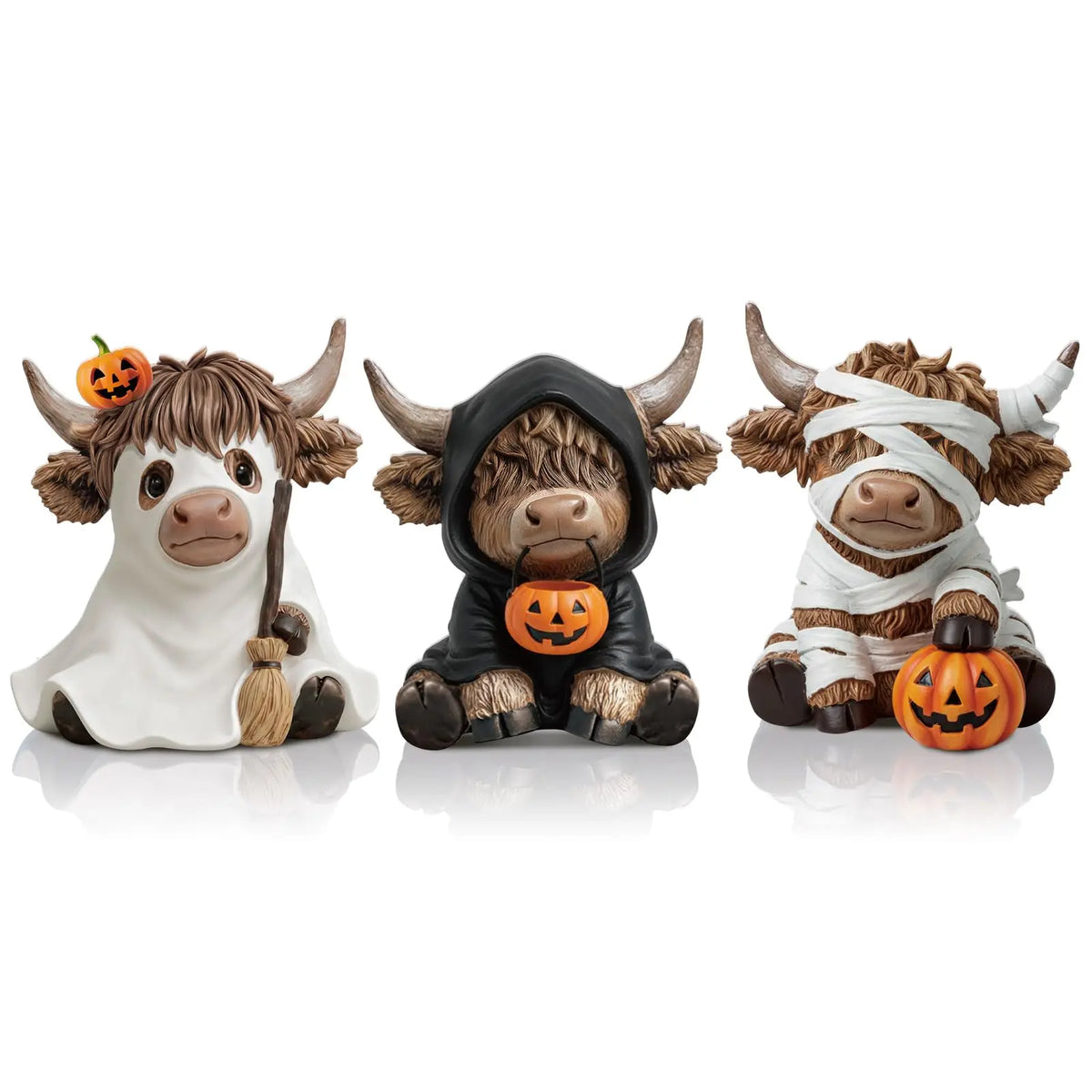 Halloween Highland Cow Statue | Solid Wood | Ghost Mummy Design | Shelf Decor