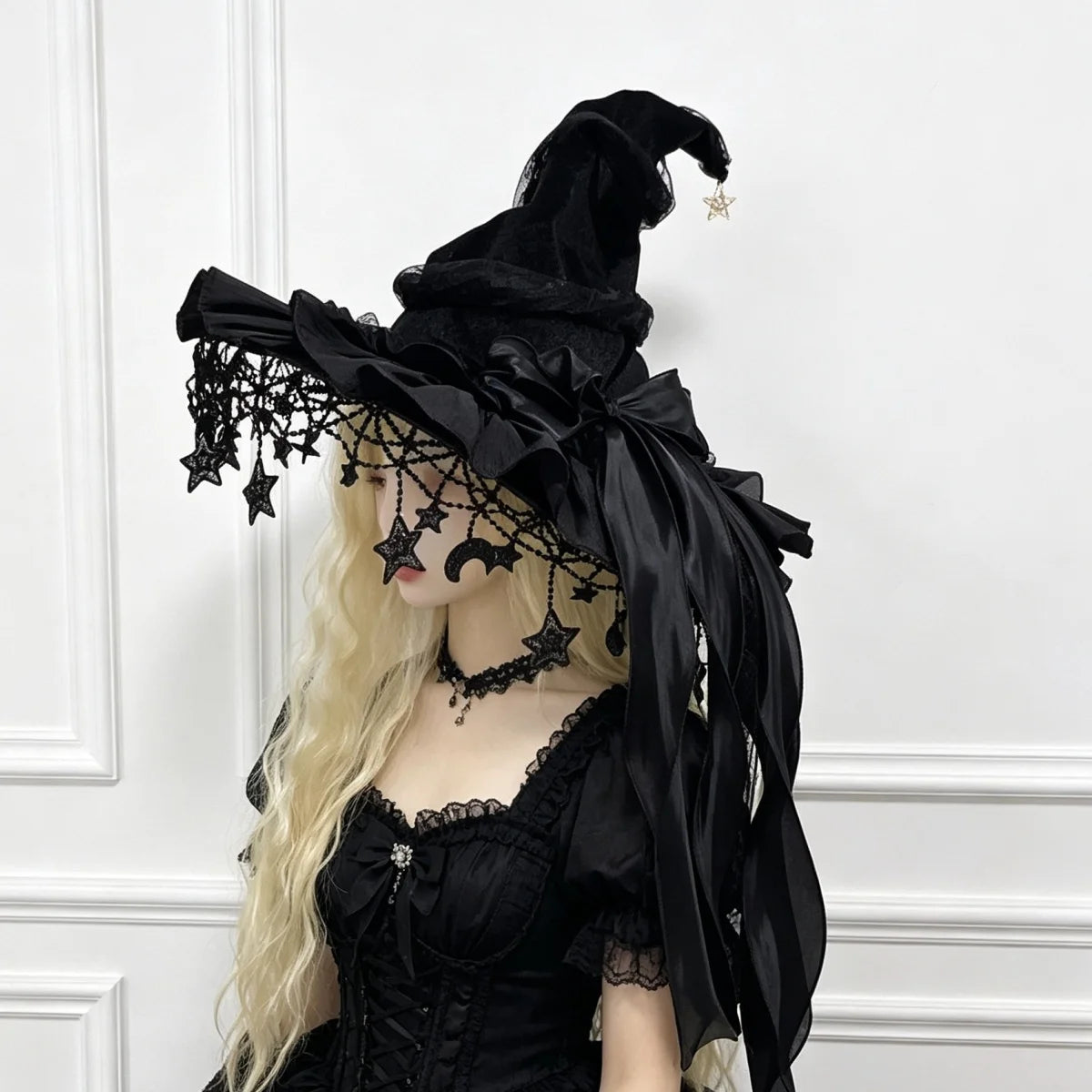 Lace Velvet Witch Hat | Moon Pendant Trim | Lace Edge Detail | Adult Party Wear
