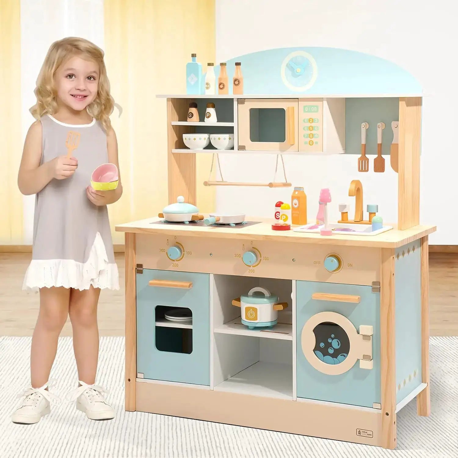 Robotime Robud Wooden Kitchen for Kids Play Kitchen with Plenty of Play Features Toddler Kitchen Set Gift for Girls Boys 3+ - ToylandEU