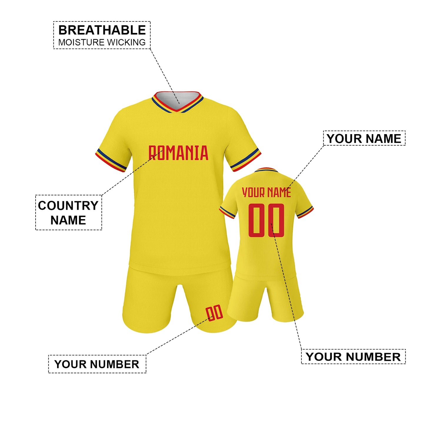 Personalized Romania Youth Soccer Jersey Kit - Custom Name & Number Football Uniform for Kids