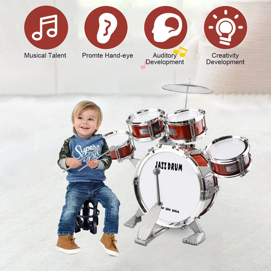 Beginner's 5-Piece Junior Drum Set with Stool & Cymbal for Kids 3-14