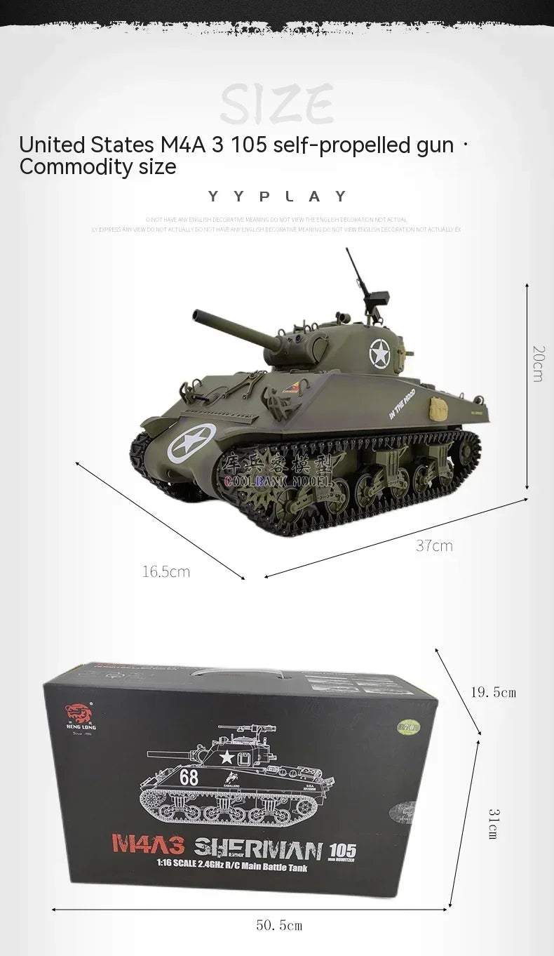 RC 1:16 Scale M4A3 Sherman Electric Remote Control Tank with Telescopic Gun Tube - Military Model Toy