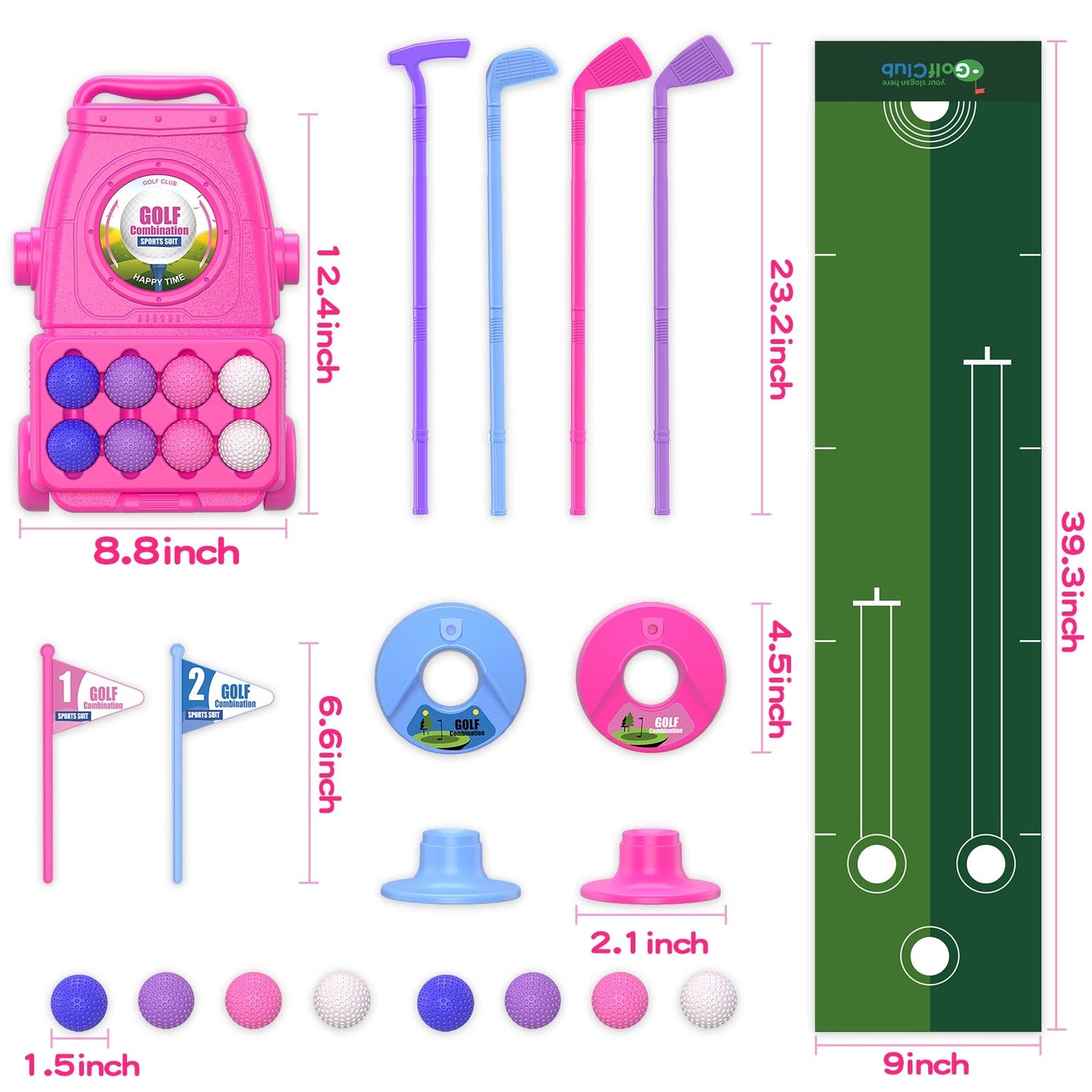 Pink Toddler Golf Set with 6 Balls, 4 Sticks, 2 Holes, and Putting Mat - Kids' Toys for Girls Aged 2-5+