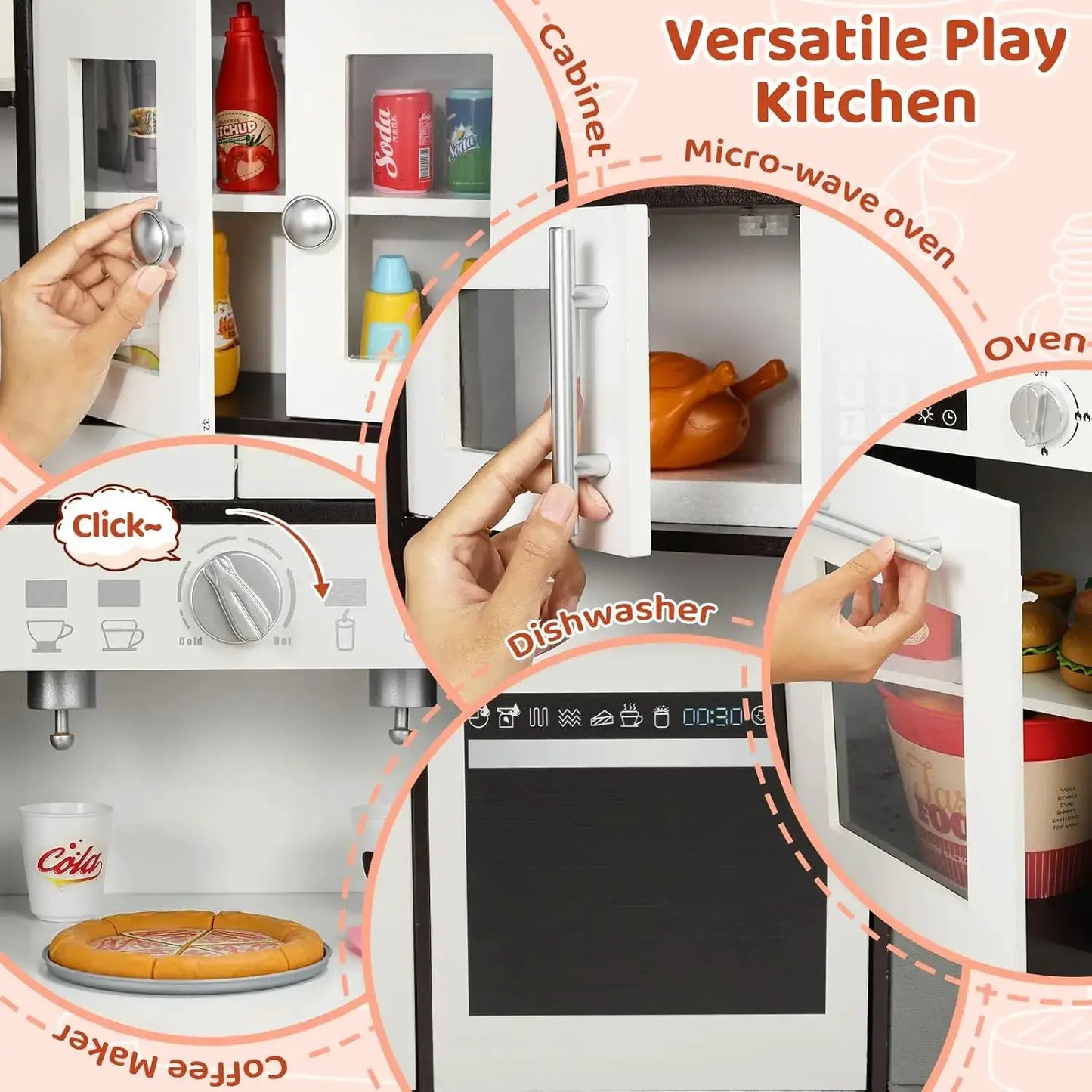 Kids Play Kitchen, Wooden Pretend Toy Kitchen, Toodler Cooking Playset, Stove w/Light & Sound, Sink, Microwave, 2 Fabric Boxs, D - ToylandEU