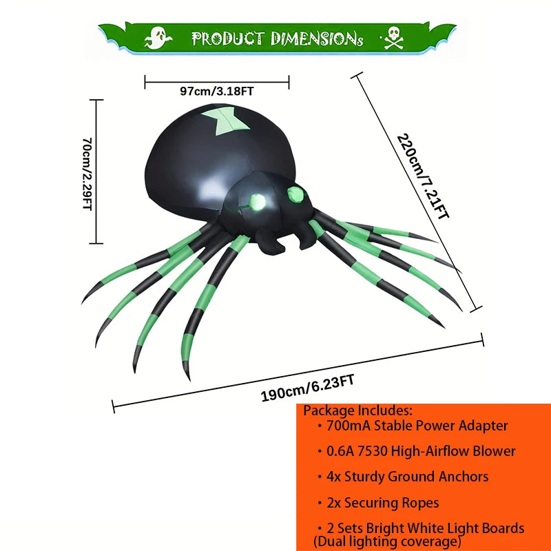 Inflatable Spider Decor | 7.2 Ft LED Glow | Includes Blower | Outdoor Yard Display