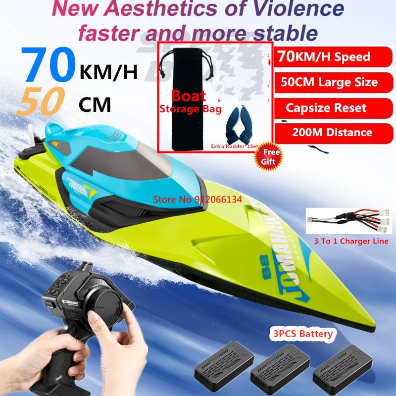 RC High-Speed 70KM/H RC Racing Boat - Double-Layer Waterproof Remote Control Yacht with Capsize Reset & Water Cooling System, 50CM Oversized Design