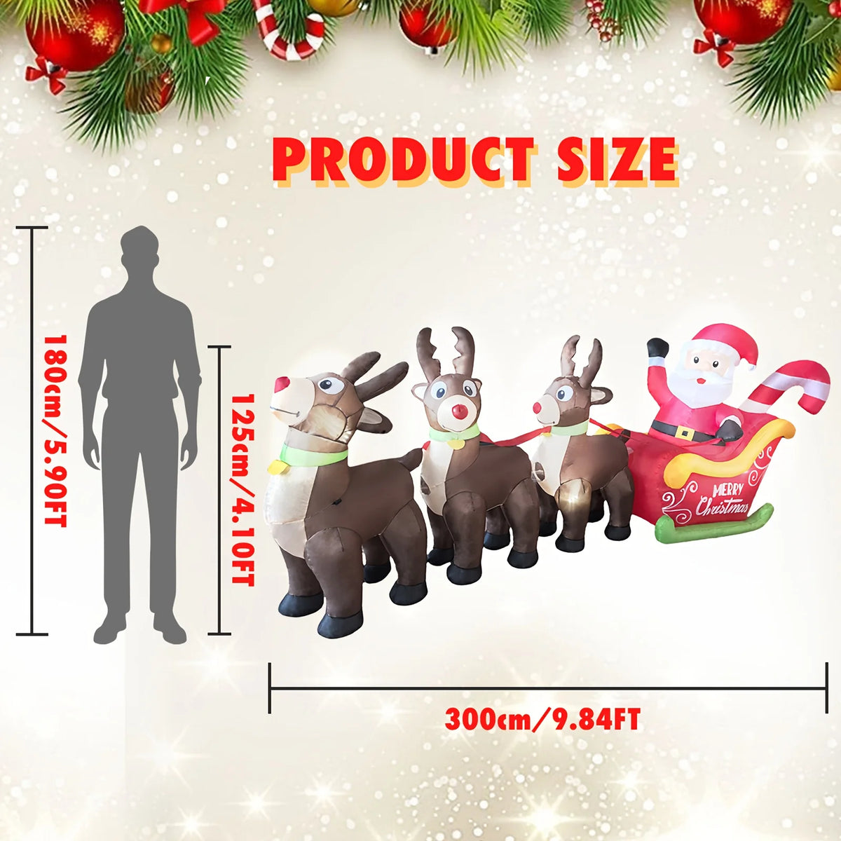 Inflatable Santa Sleigh | 9.8 Ft Led Model | 3 Reindeer | Outdoor Christmas Decor