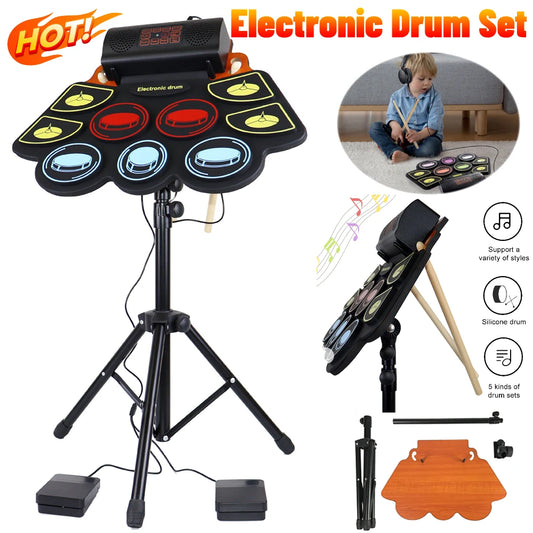Roll Up Electronic Drum Set With 9 Pads And Pedals