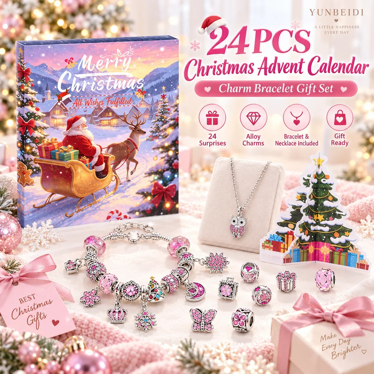 Advent Calendar | 24 Day Charm Bracelet Set | Alloy Metal Pendants And Beads | Christmas Jewelry Gift