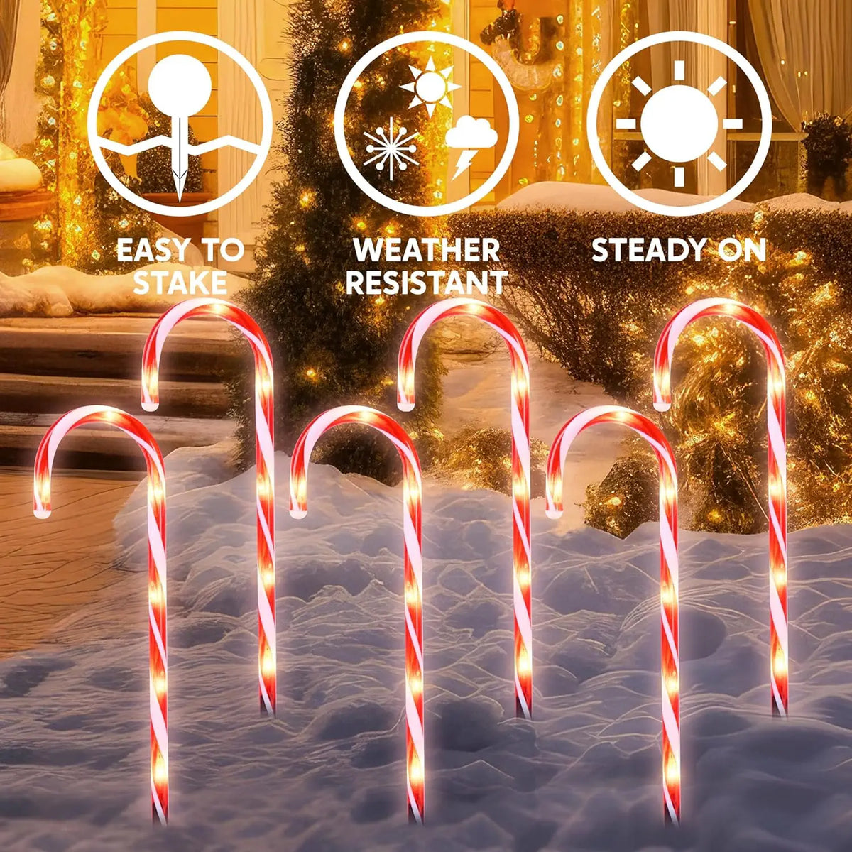 Candy Cane Pathway Lights | 16 Inch Height | Warm White Glow | Set Of 12
