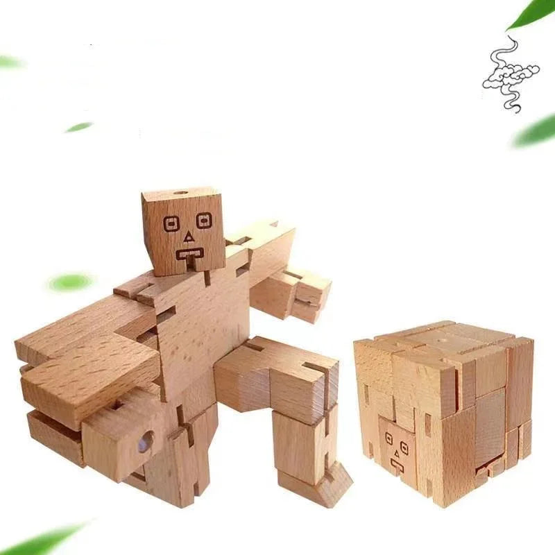 Mini DIY Kid Magic Wood Cube Bot Robot Transform Block Set Jigsaw