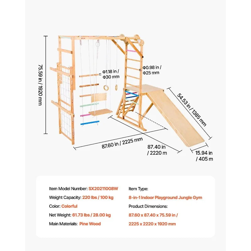 Wooden Indoor Playground Jungle Gym 8 In 1 Playset