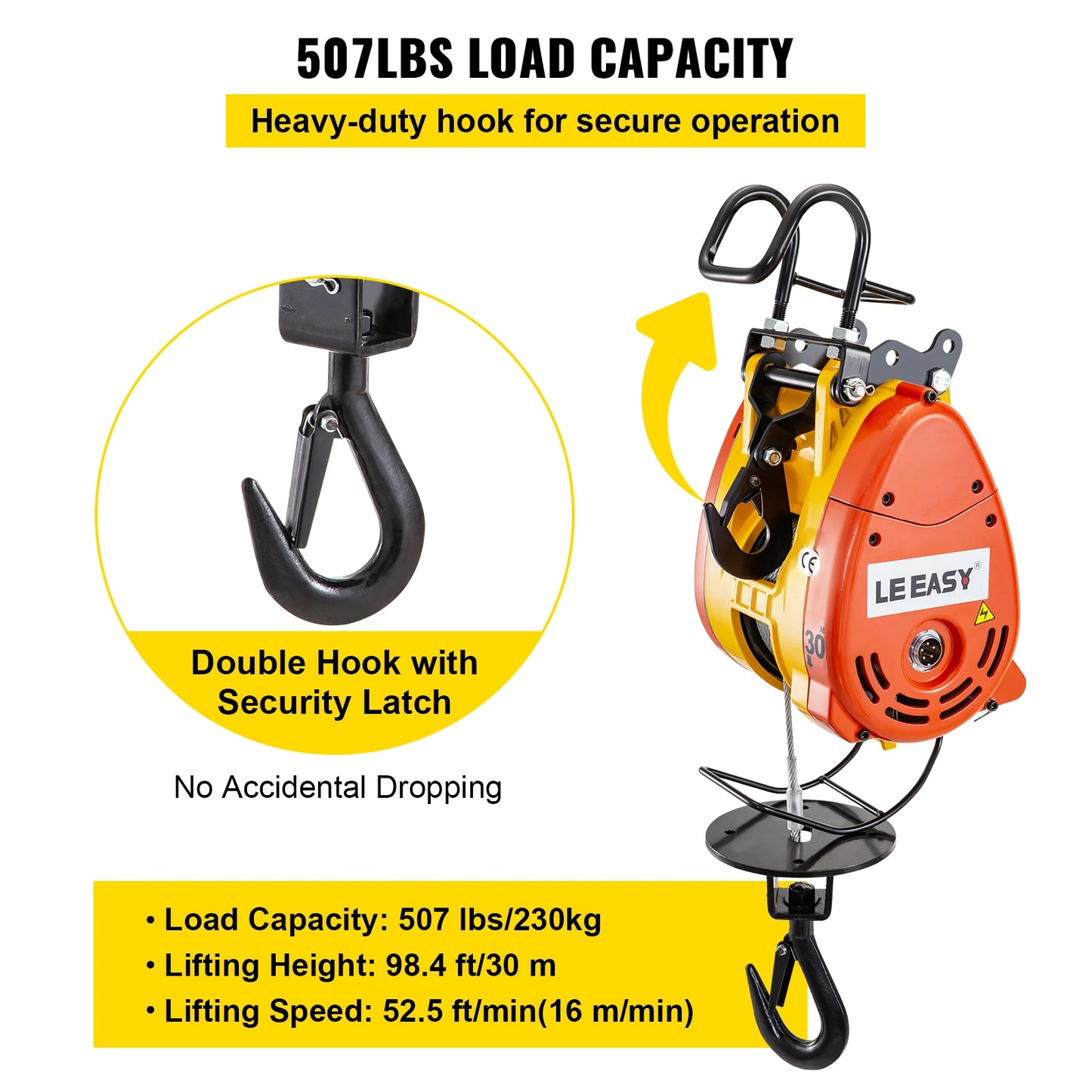 VEVOR 507lbs Electric Chain Hoist with 98ft Rope & Remote Control