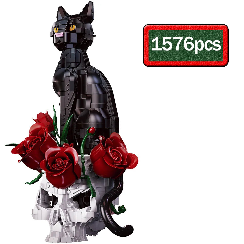 Building Blocks | 1576 Pieces | Black Rose Skull Cat | Desktop Model Kit