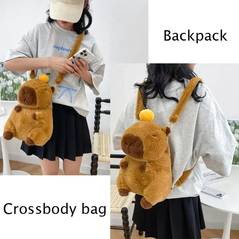 Kawaii Capybara Plush Backpack for Kids - Cute Cartoon Animal Bag with Zipper Opening